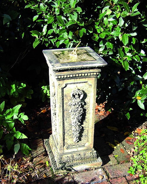 Brass Sundial on Floral Stone Garden Pedestal