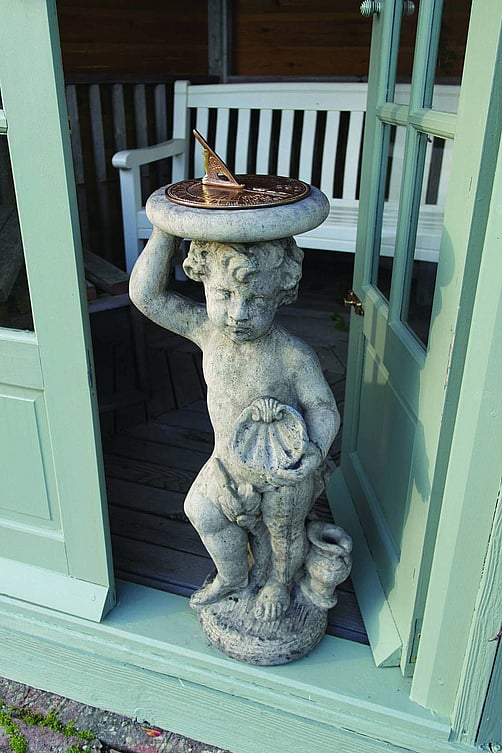 Aged Brass Sundial on Stone Cherub Garden Pedestal