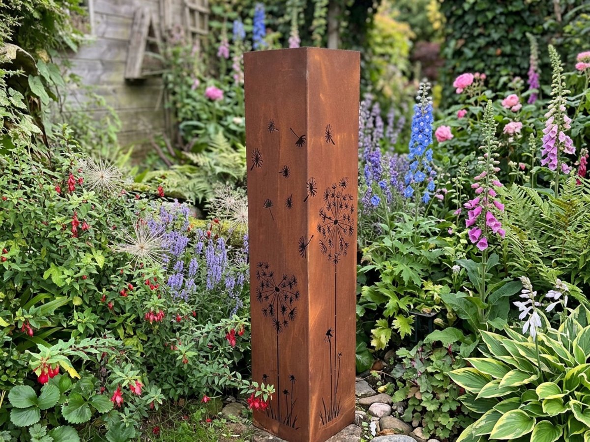 Dandelion steel decorative garden column in a cottage garden, a vertical accent that works well reflected in outdoor mirrors