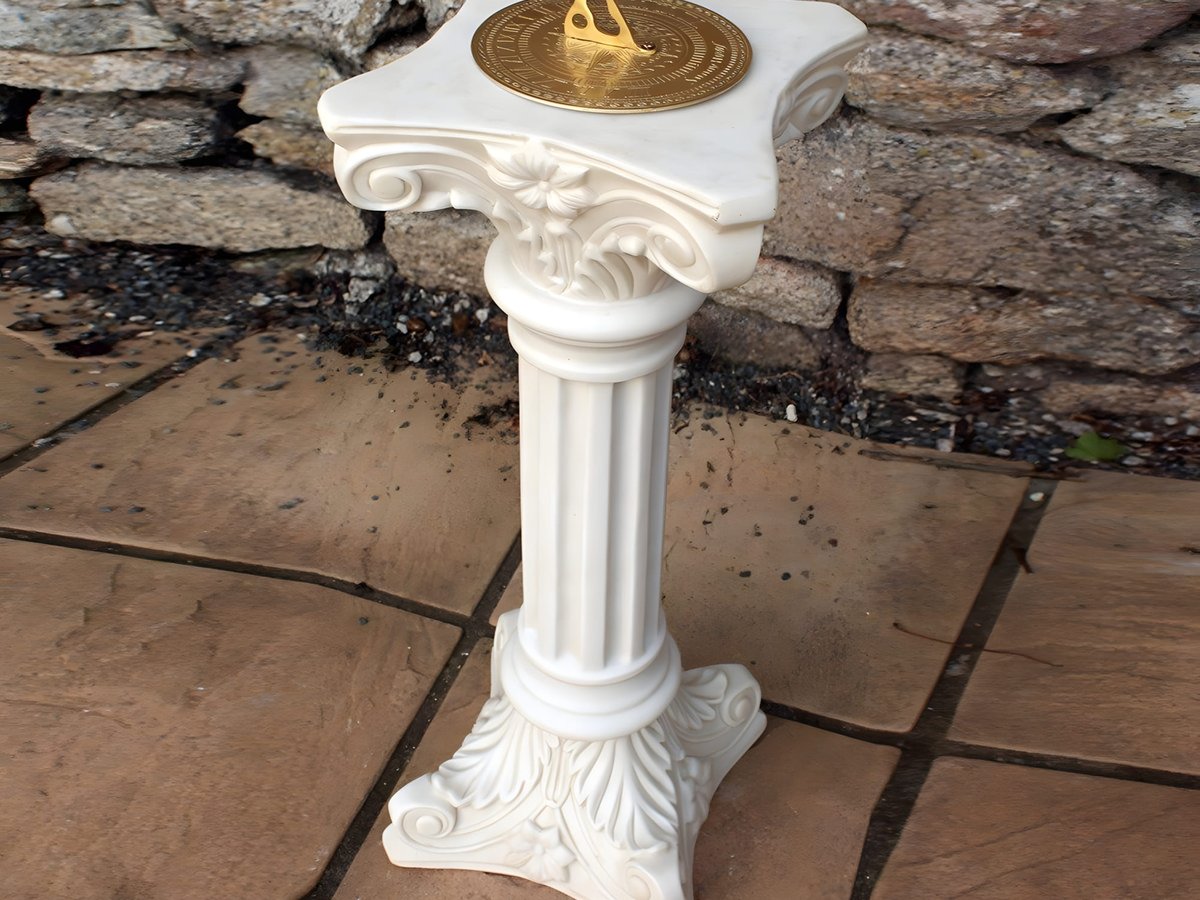 Column stone sundial as a summer garden focal point and conversation piece