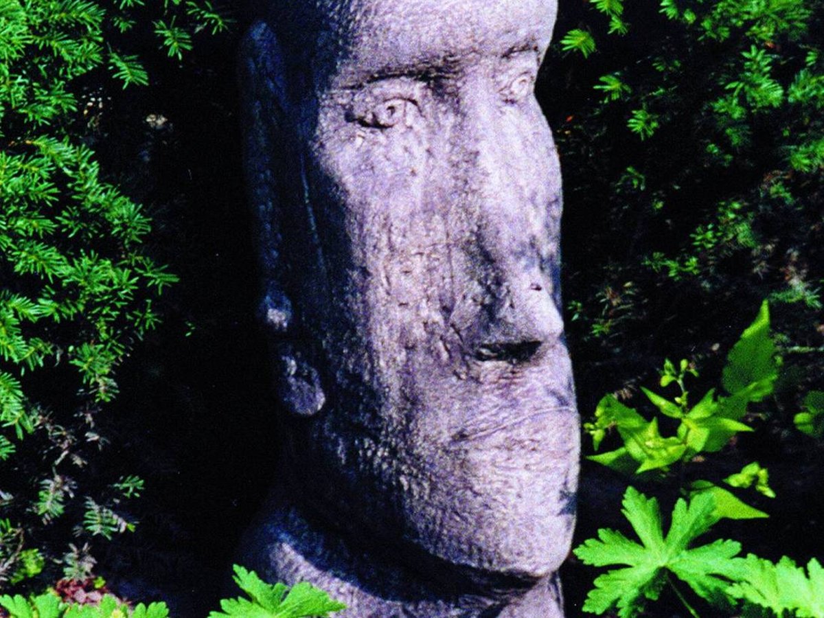 Easter Island Head Statue in natural stone, cast limestone garden ornament