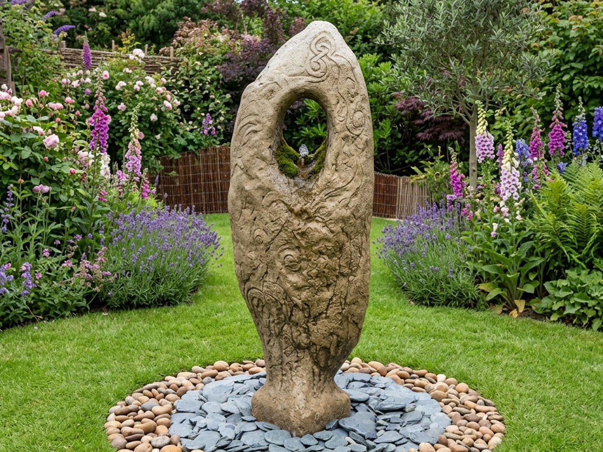 Celtic stone fountain in a UK garden setting, the type of focal point that pairs well with outdoor mirrors