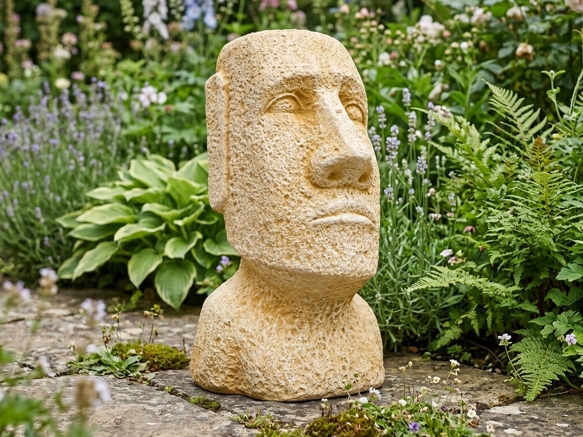 Moai head garden statue in sandstone finish, displayed in a UK garden setting