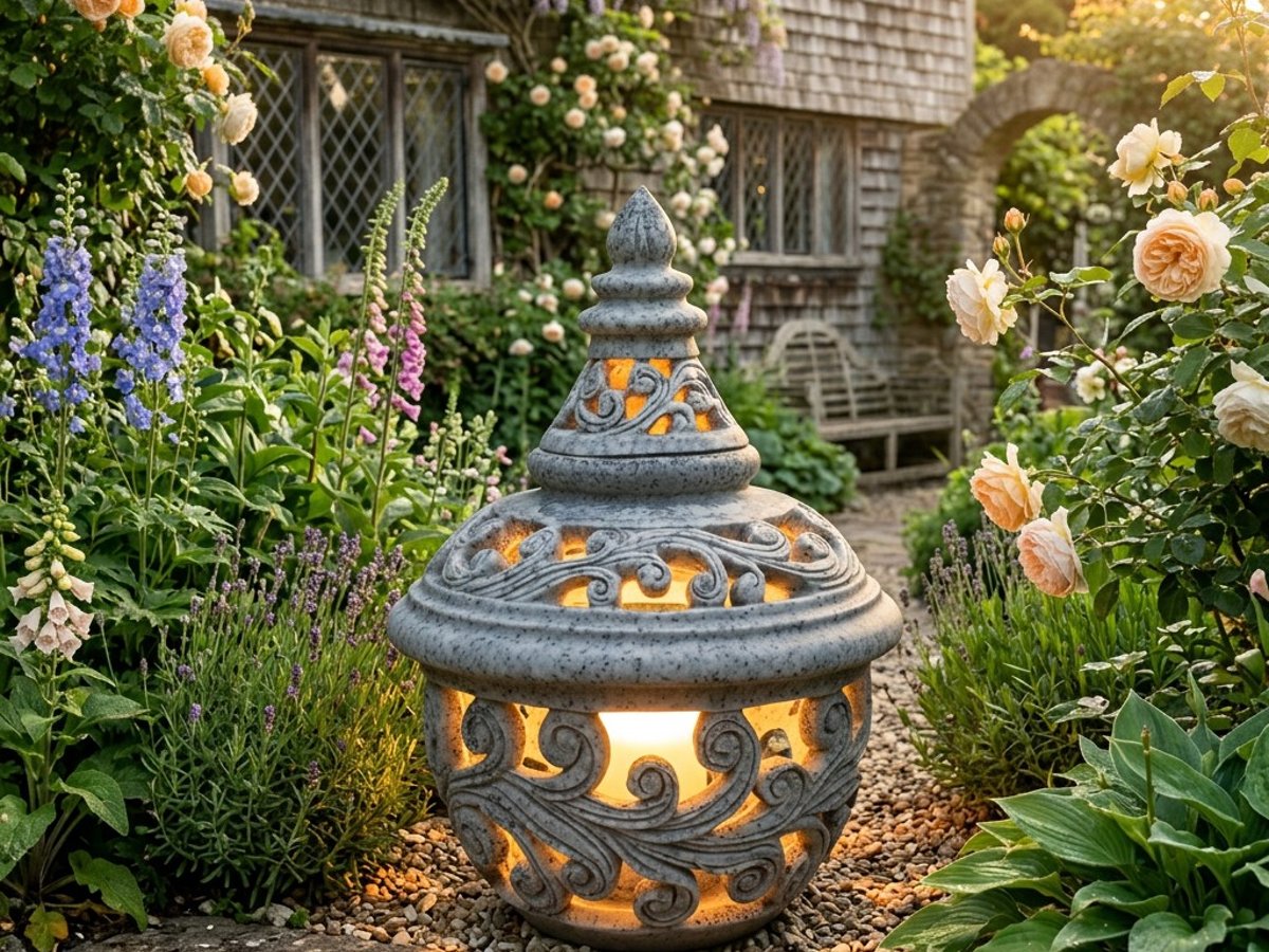 Grey stone garden lantern at evening, creating atmosphere in a summer garden