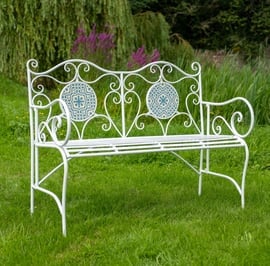 Rhone Metal Garden Bench with Mosaic Pattern White