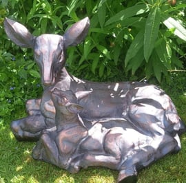 Doe and Fawn Lying Garden Sculpture Large