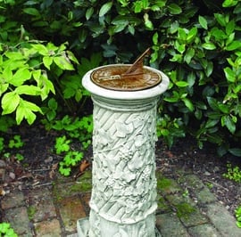 Aged Brass Sundial on Vine Stone Garden Pedestal