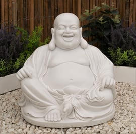 Medium Laughing Buddha Garden Statue in White