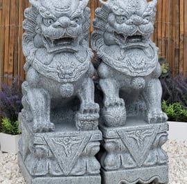 Pair of Foo Dog Garden Statues in Grey