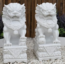 Pair of Foo Dog Garden Statues in White