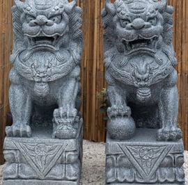 Pair of Large Foo Dog Garden Statues in Grey
