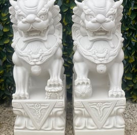 Pair of Large Foo Dog Garden Statues in White