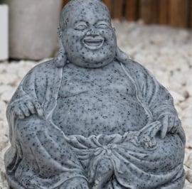 Small Laughing Buddha Garden Statue in Grey