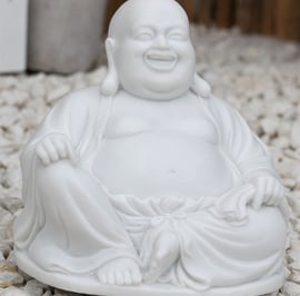 Small Laughing Buddha Garden Statue in White
