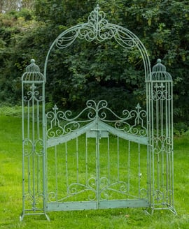 Antiqued Green Vintage Metal Garden Arch with Gates