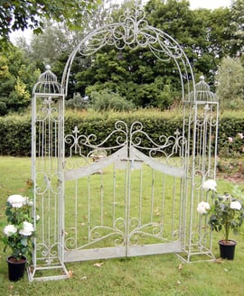 Antiqued Green Vintage Metal Garden Arch with Gates