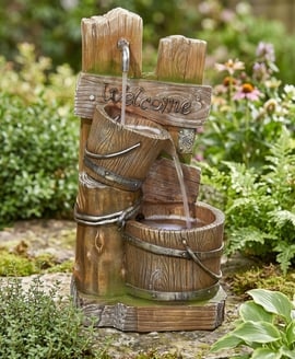 Rustic Post Pours Water Feature with LED