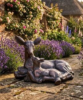 Doe and Fawn Lying Garden Sculpture Large
