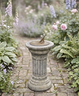 Aged Brass Sundial on Classical Stone Garden Pedestal