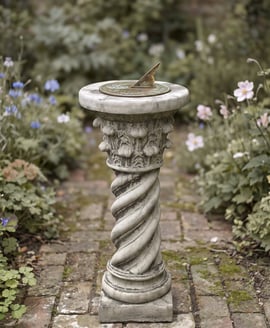Aged Brass Sundial on Roman Stone Garden Pedestal