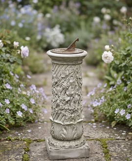 Aged Brass Sundial on Vine Stone Garden Pedestal
