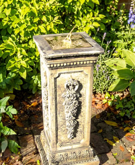 Brass Sundial on Floral Stone Garden Pedestal