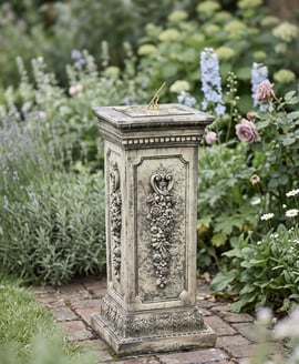Brass Sundial on Floral Stone Garden Pedestal
