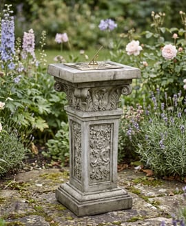 Brass Sundial on Rococo Stone Garden Pedestal