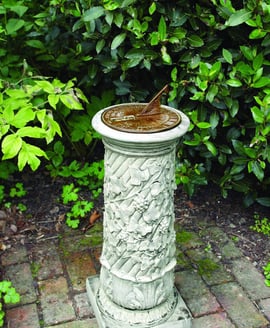 Aged Brass Sundial on Vine Stone Garden Pedestal