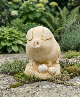 Pig with Apples Garden Ornament in Sandstone