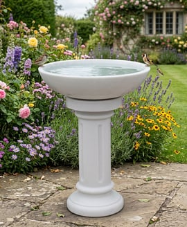 Round Stone Birdbath in White