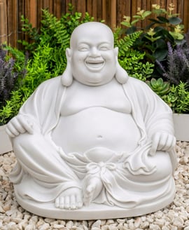 Medium Laughing Buddha Garden Statue in White