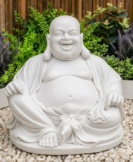 Medium Laughing Buddha Garden Statue in White