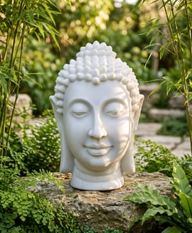 Medium Thai Buddha Head Garden Statue in White