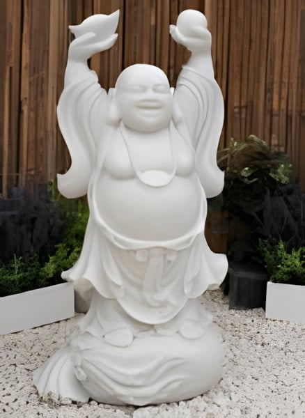 Cheering Buddha Garden Statue in White