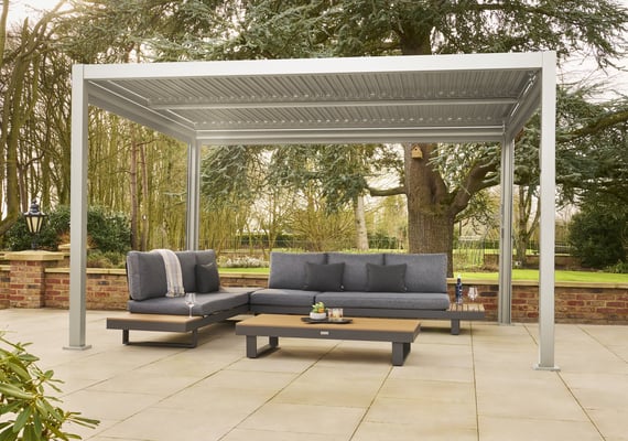 Norfolk Collection Nexus Pergola - Beige Aluminium 4m x 3m with LEDs and 3 Screens