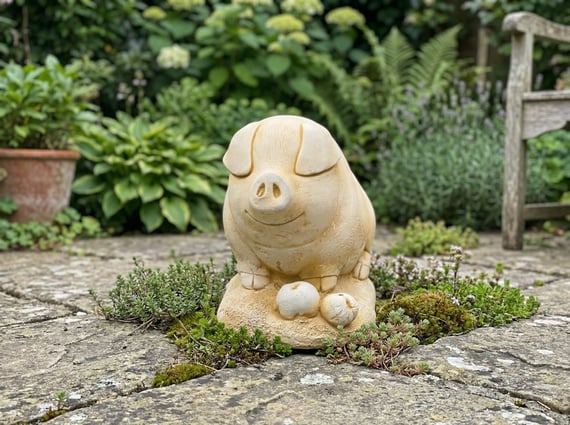 Pig with Apples Garden Ornament in Sandstone