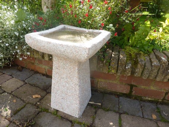 Tall Square Pink Granite Bird Bath 