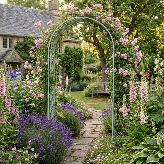 Streamline Moderne Metal Garden Arch in Sage Green
