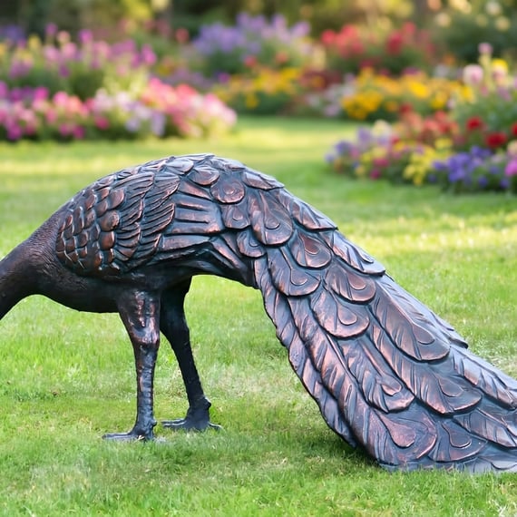 Feeding Peacock Metal Garden Ornament