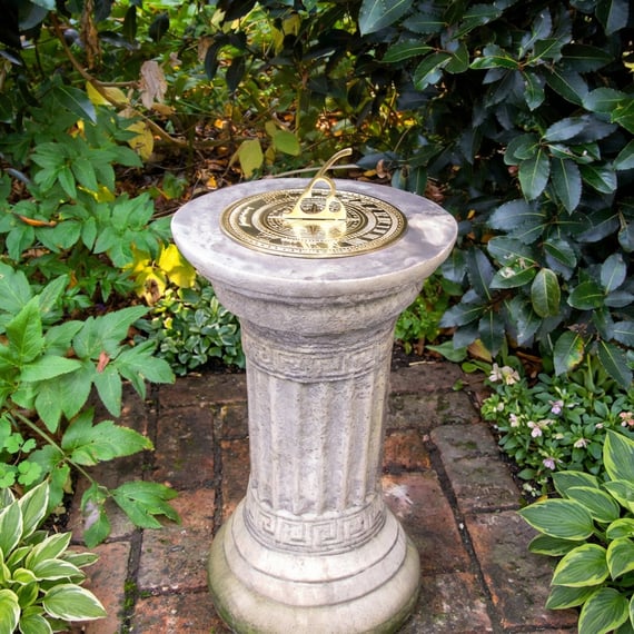 Brass Sundial on Classical Stone Garden Pedestal