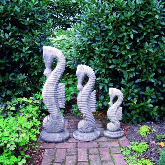 Set of Three Stone Seahorse Statues