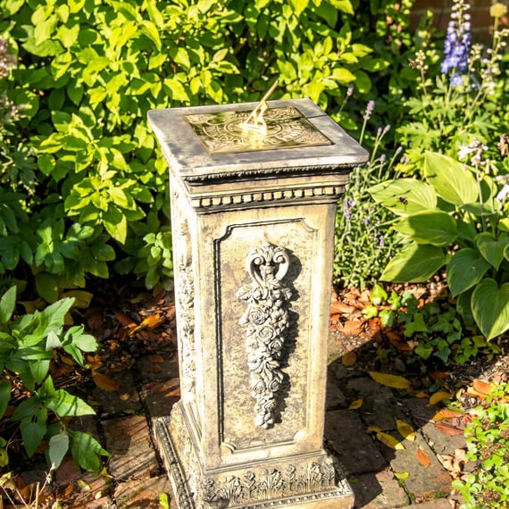 Brass Sundial on Floral Stone Garden Pedestal