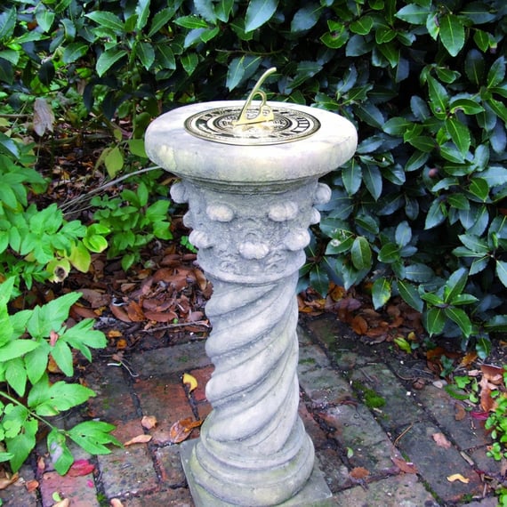 Brass Sundial on Roman Stone Garden Pedestal