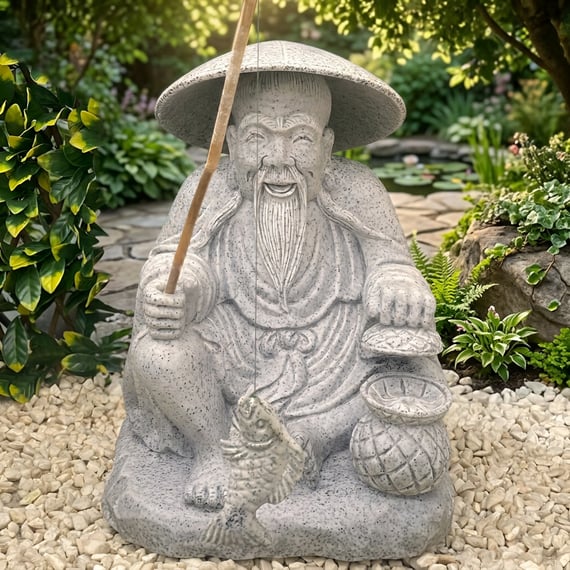 Sitting Fisherman Garden Statue in Grey
