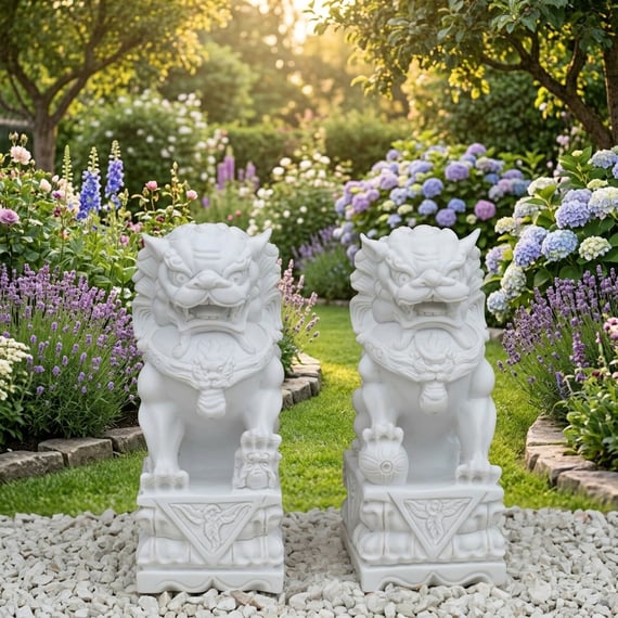 Pair of Foo Dog Garden Statues in White
