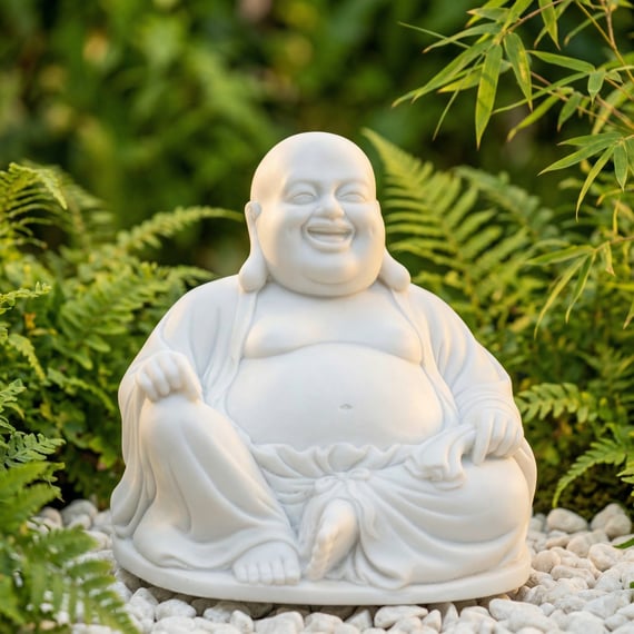 Small Laughing Buddha Garden Statue in White