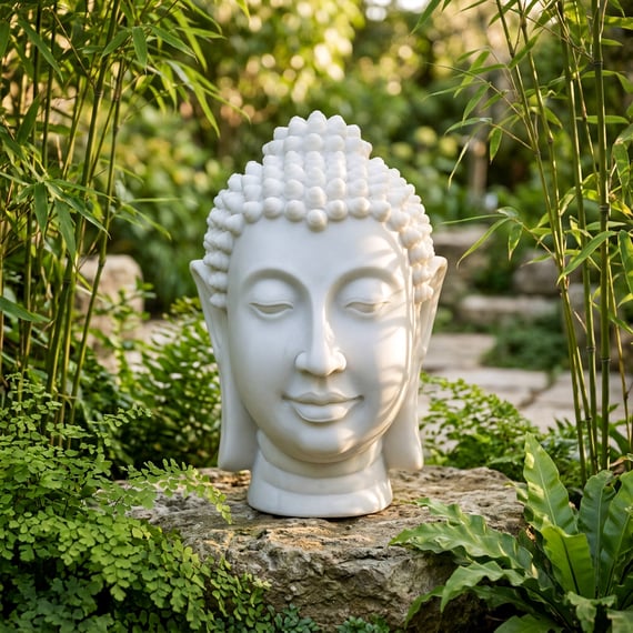 Medium Thai Buddha Head Garden Statue in White