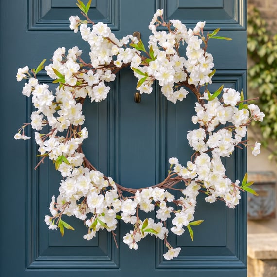 Artificial & Cherry Blossom Wreath Cream 66cm