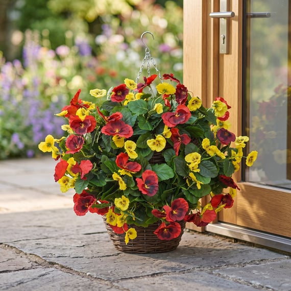 Artificial Pansy Medium Ball Red Yellow 30cm
